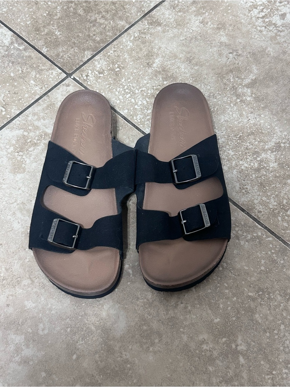 Skechers Women's Black Double-Buckle Slide Sandals with Brown Footbed